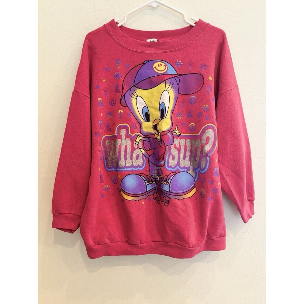 Vtg 1997 Tweety Bird Wha Sup? Big Graphic Pink Sweatshirt Looney Tunes Sz XL 90s